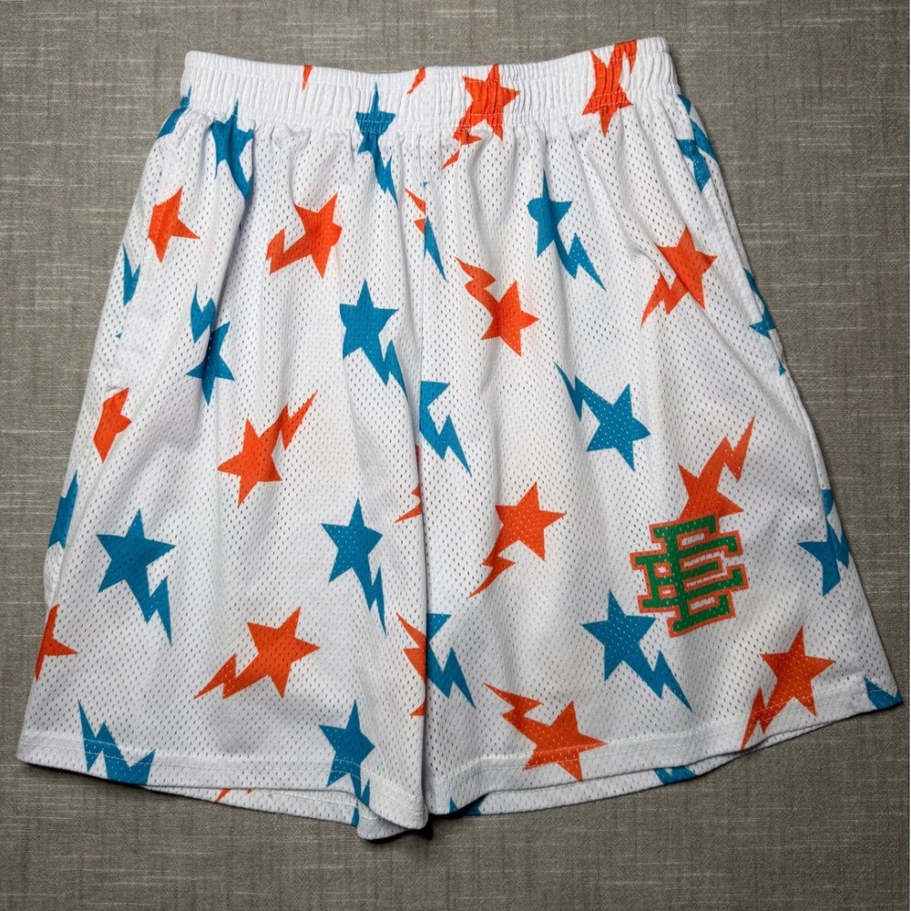 Eric Emanuel x Bape Miami EE Basic Shorts‎ White Star Lightning Bolt Mesh Mens L